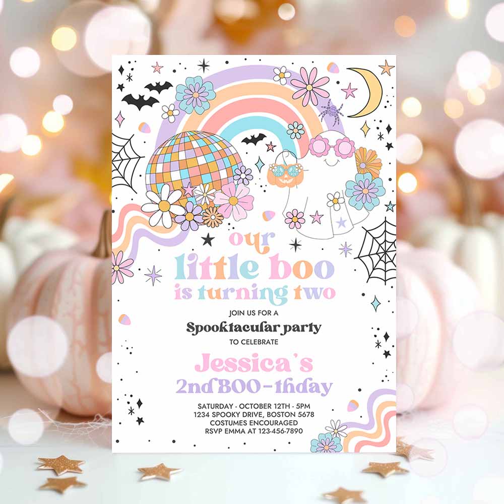 Little Boo Halloween Ghost 2nd Birthday Party Invitation Groovy Rainbow Ghost Party Hippie Halloween Party