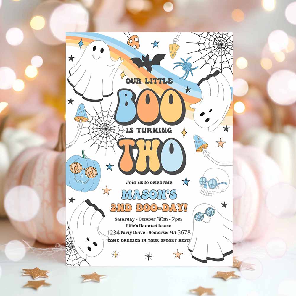 Little Boo Halloween Ghost 2nd Birthday Party Invitation Groovy Rainbow Ghost Party Hippie Halloween Party