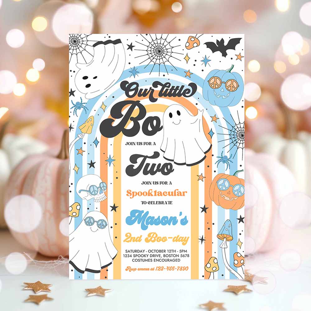 Little Boo Halloween Ghost 2nd Birthday Party Invitation Groovy Rainbow Ghost Party Hippie Halloween Party