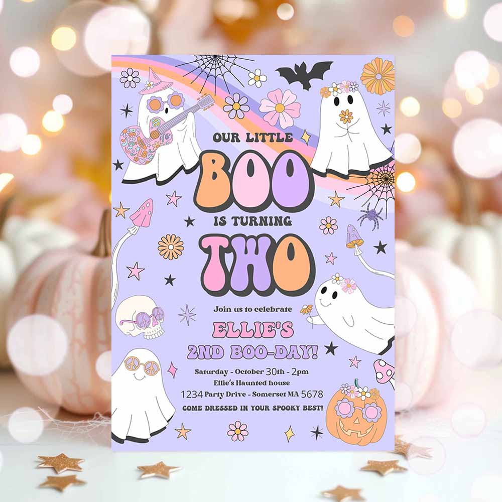 Little Boo Halloween Ghost 2nd Birthday Party Invitation Groovy Rainbow Ghost Party Hippie Halloween Party