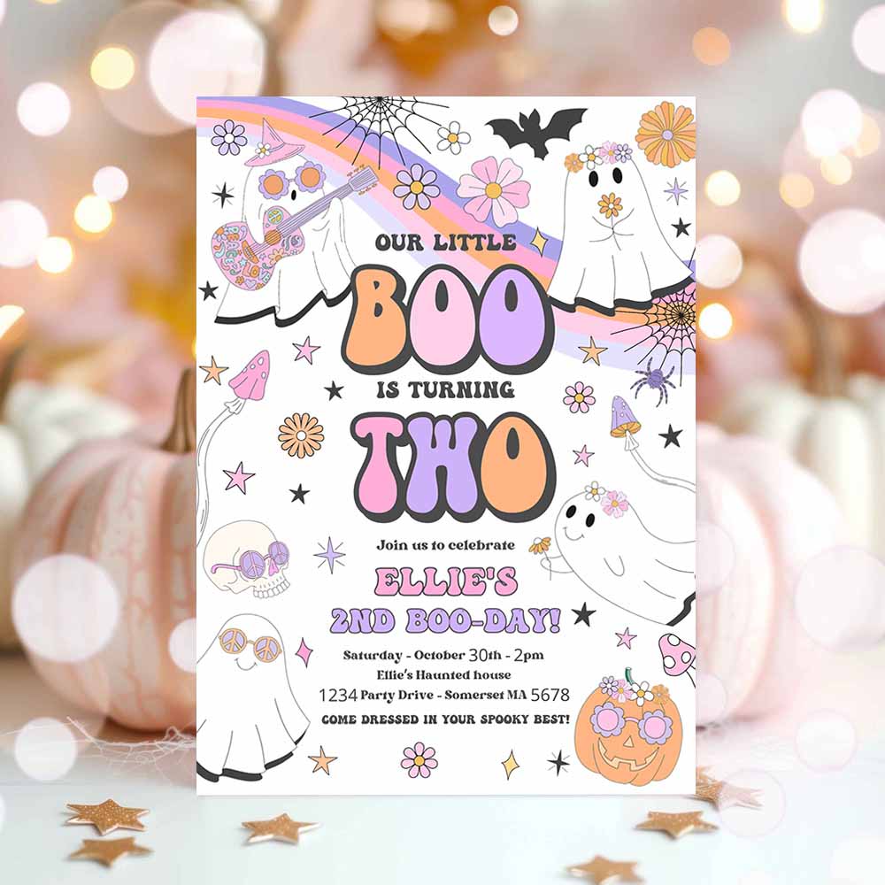 Little Boo Halloween Ghost 2nd Birthday Party Invitation Groovy Rainbow Ghost Party Hippie Halloween Party