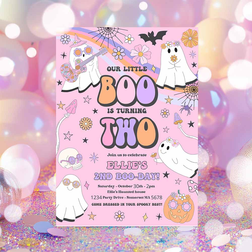 Little Boo Halloween Ghost 2nd Birthday Party Invitation Groovy Rainbow Ghost Party Hippie Halloween Party