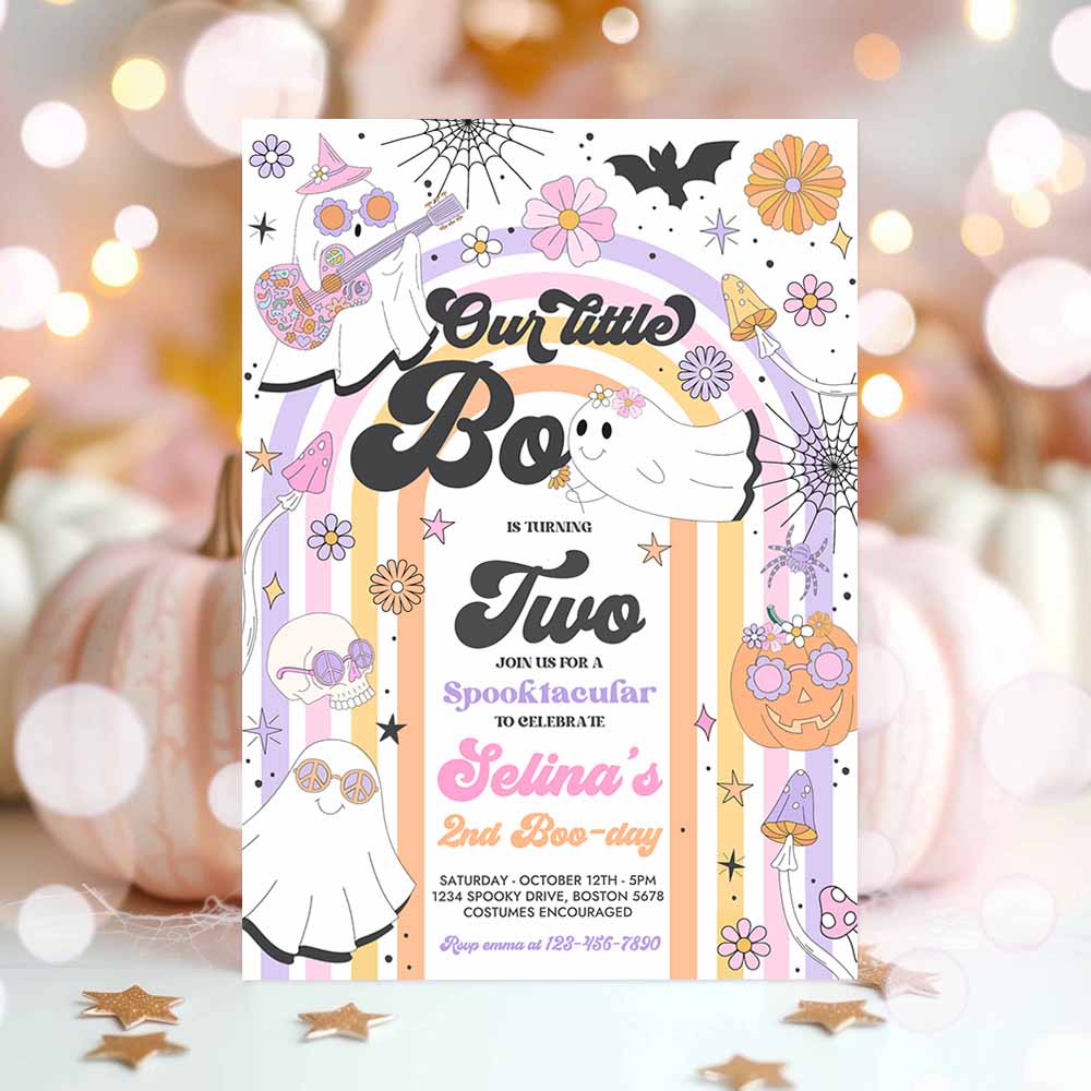 Little Boo Halloween Ghost 2nd Birthday Party Invites Groovy Rainbow Ghost Party Hippie Halloween Party