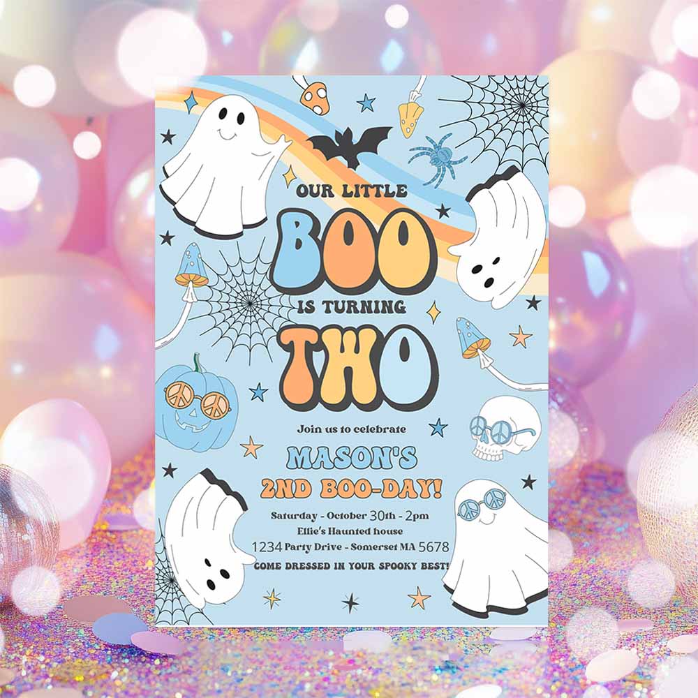 Little Boo Halloween Ghost 2nd Party Invitation Groovy Rainbow Ghost Party Hippie Halloween Party