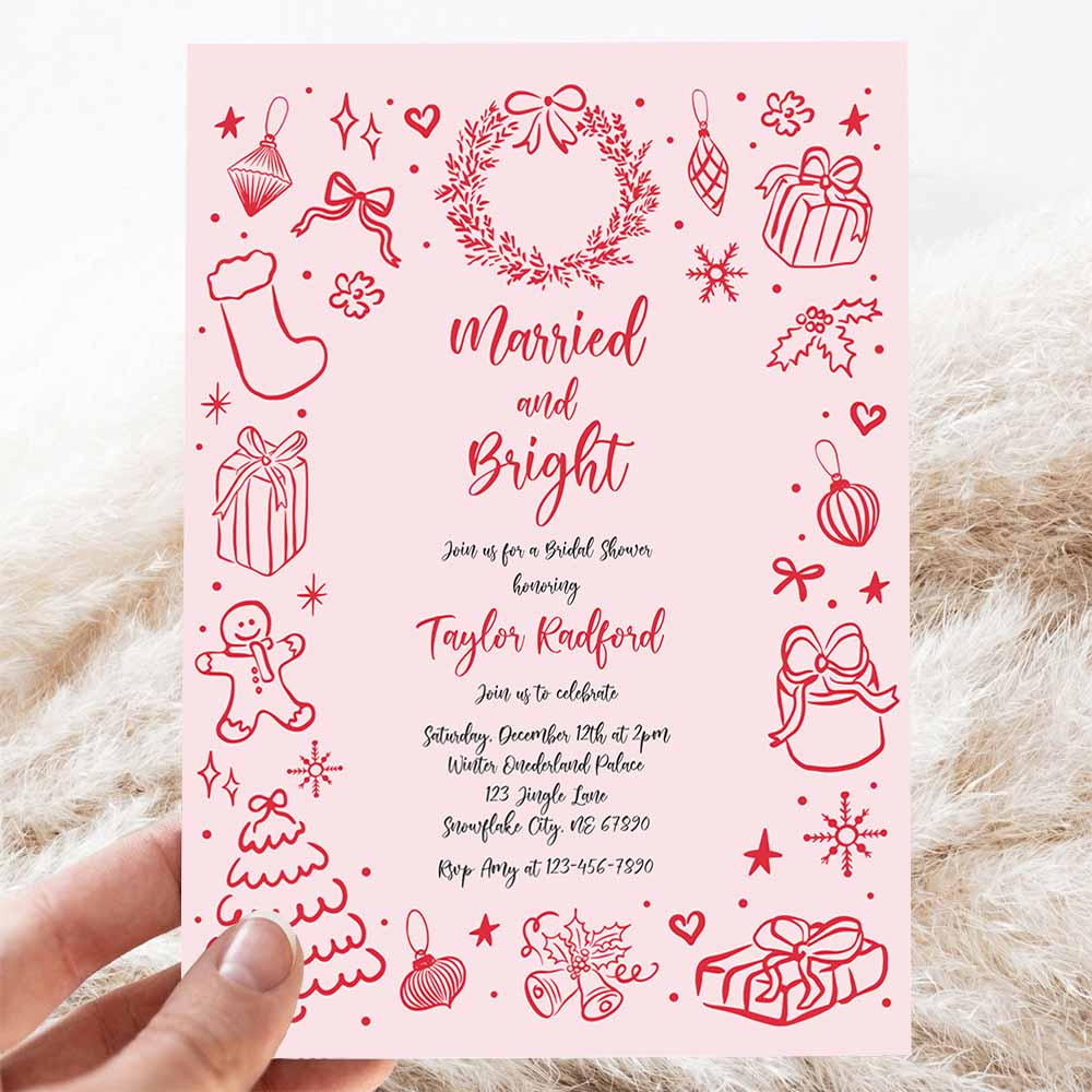 Married And Bright Christmas Bridal Shower Invitation Holiday Bridal Shower Invite Coquette Bow Bridal Shower