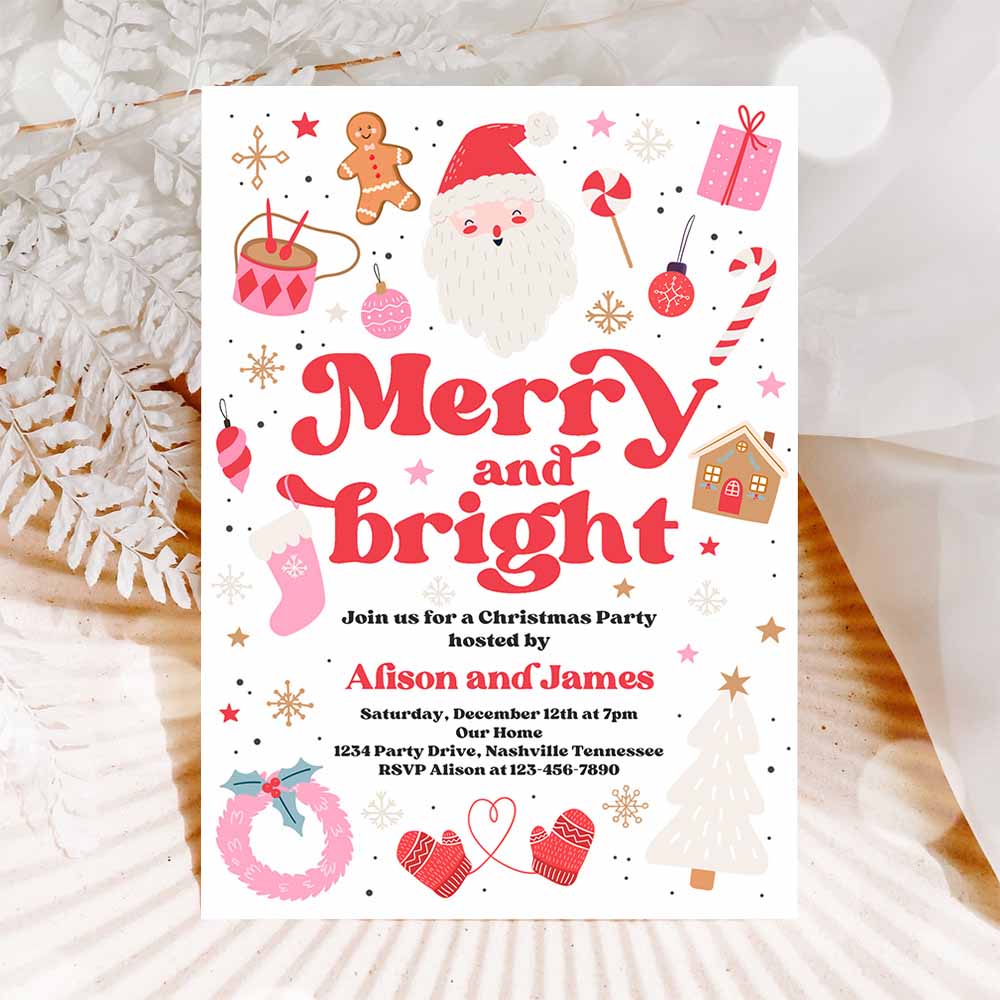 Merry And Bright Christmas Party Invitation Merry And Bright Holiday Party Invitation Santa Christmas Party