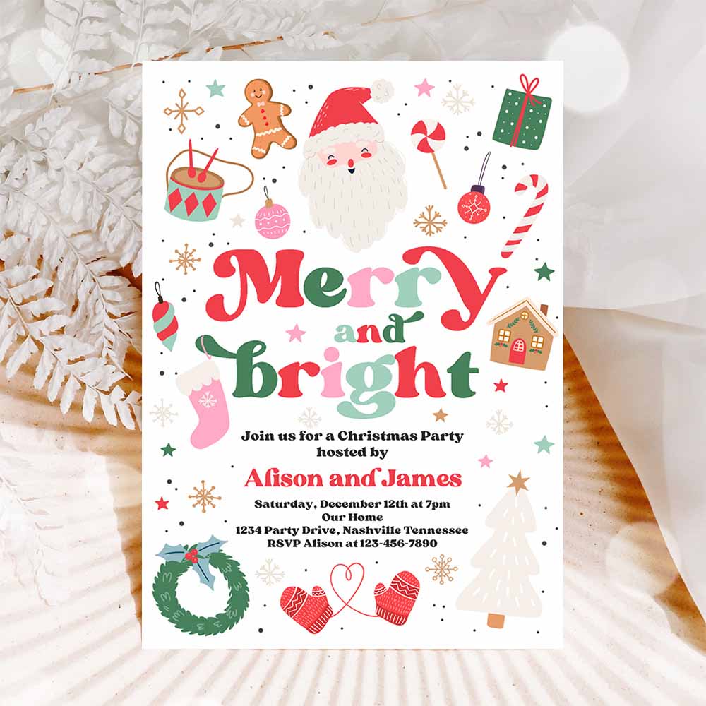 Merry And Bright Christmas Party Invite Merry And Bright Holiday Party Invitation Santa Christmas Party