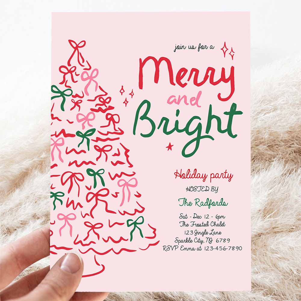 Merry And Bright Christmas Party Invite Pink Red Christmas Tree Merry Holiday Cocktail Party Invitation