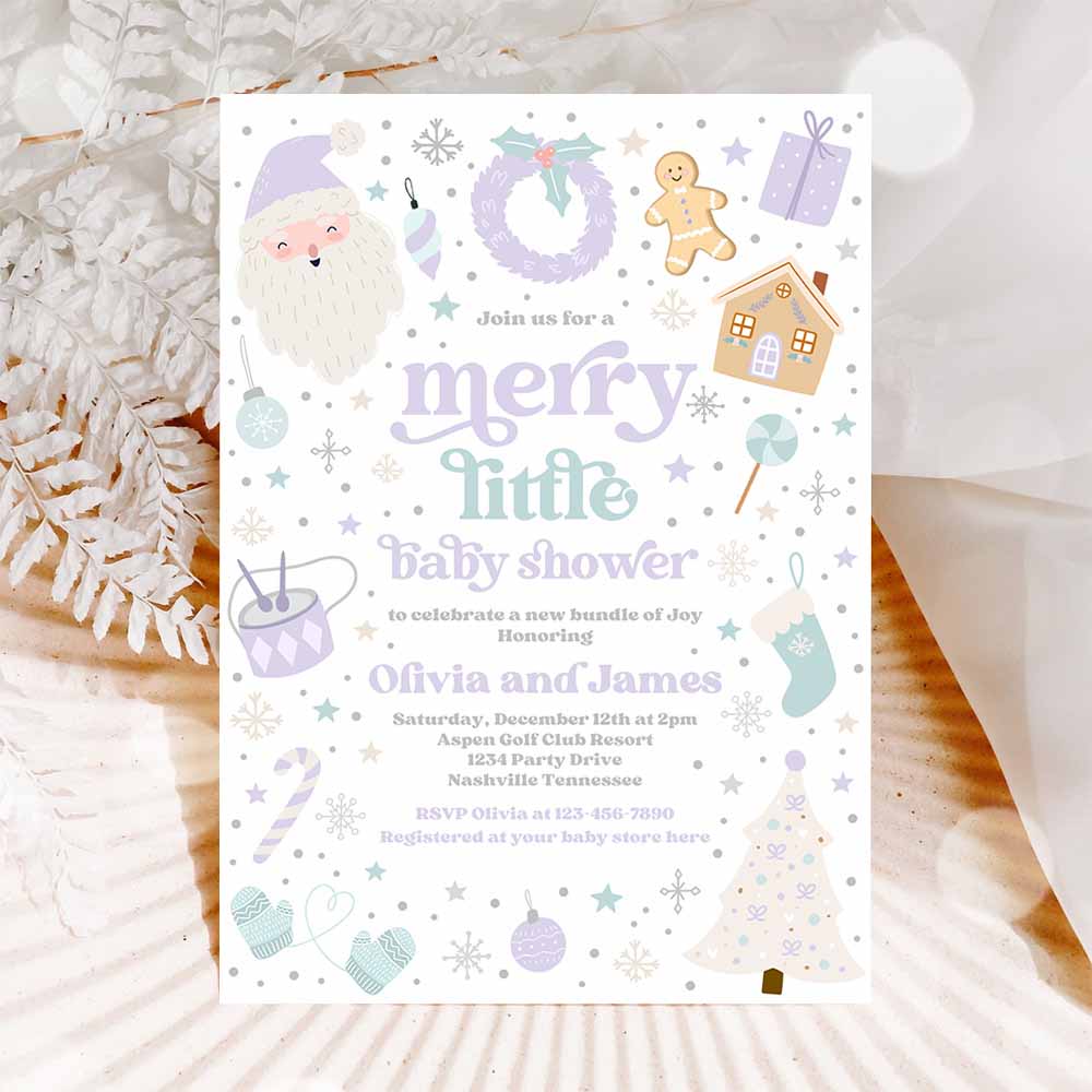 Merry Little Baby Shower Invitation Santa Christmas Baby Shower Invitation Purple And Blue Christmas Shower