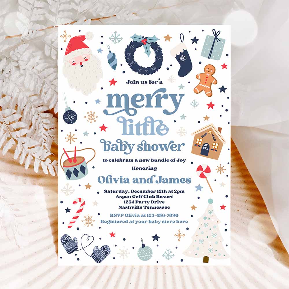 Merry Little Baby Shower Invitation Santa Christmas Tree Baby Shower Invitation Red And Blue Christmas Shower