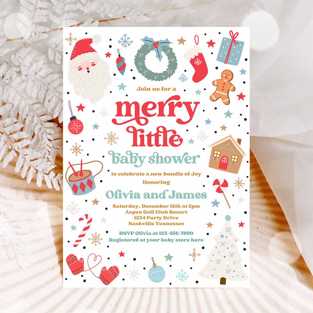 Merry Little Baby Shower Invitation Santa Christmas Tree Baby Shower Invitation Red And Blue Christmas Shower