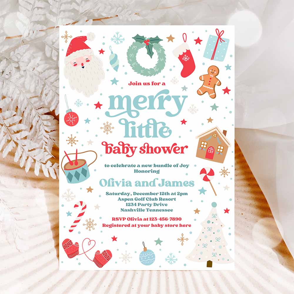 Merry Little Baby Shower Invite Santa Christmas Tree Baby Shower Invitation Red And Blue Christmas Shower