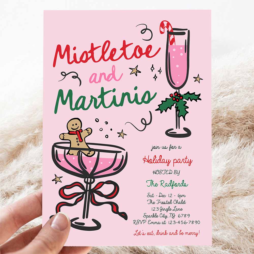 Mistletoe And Martinis Christmas Party Invitation Pink Red Hand Drawn Mistletoe And Martinis Cocktail Party