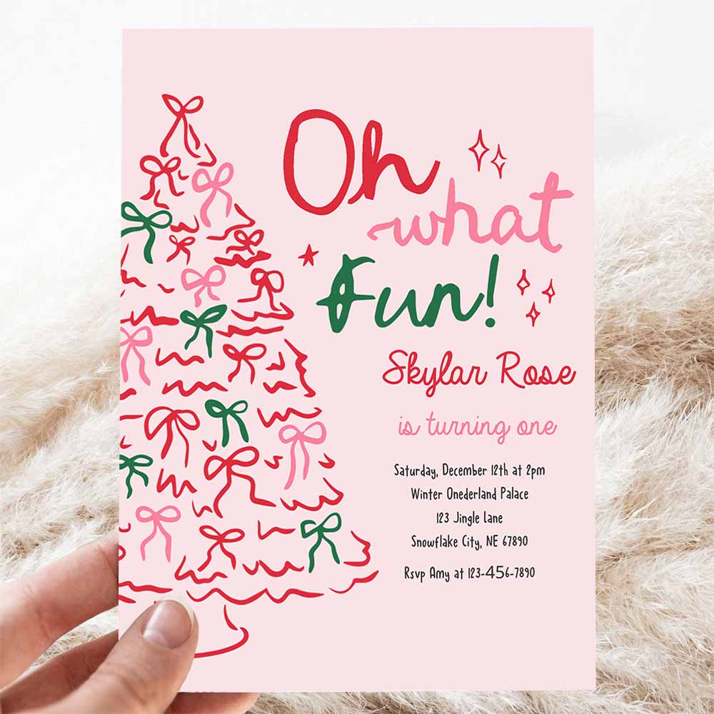 Oh What Fun Birthday Party Invitation Pink & Red Christmas Tree Bow Birthday Party Coquette Bow Holiday Party