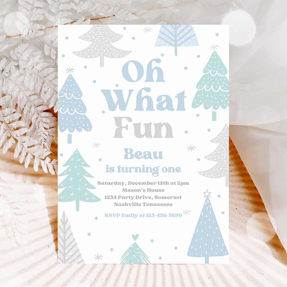 Oh What Fun Christmas Birthday Party Invitation Blue Christmas Tree Winter Onederland Wonderland Birthday