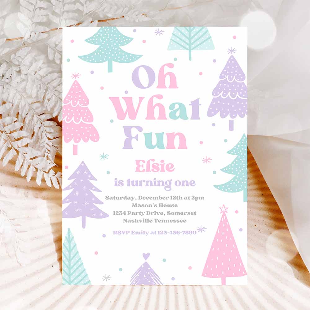 Oh What Fun Christmas Birthday Party Invitation Pink Christmas Tree Winter Onederland Wonderland Birthday