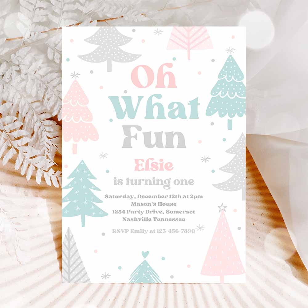 Oh What Fun Christmas Birthday Party Invitation Pink Christmas Tree Winter Onederland Wonderland Birthday