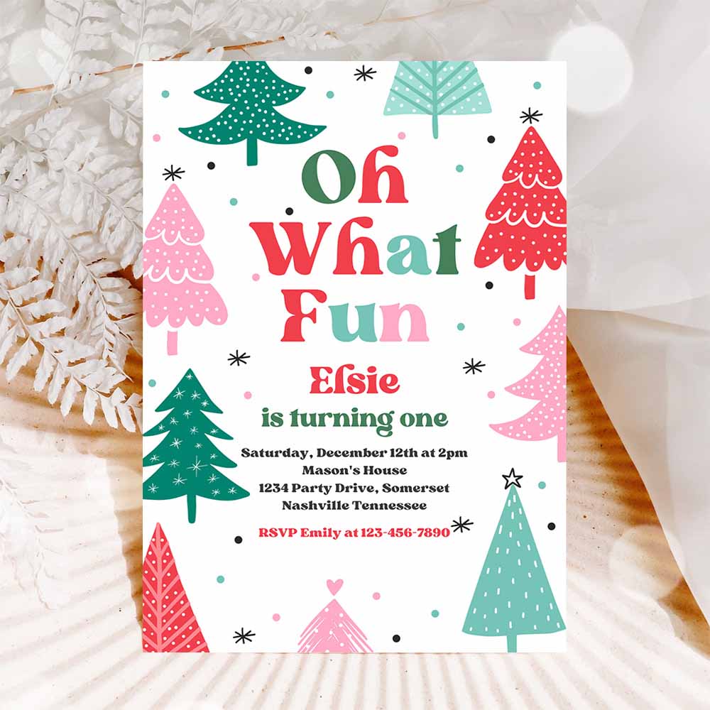 Oh What Fun Christmas Birthday Party Invitation Red Christmas Tree Winter Onederland Wonderland Birthday