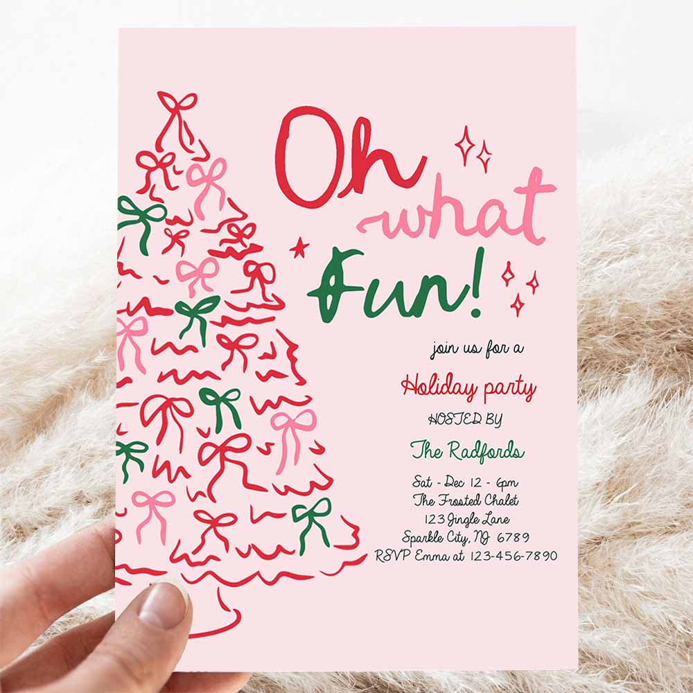 Oh What Fun Christmas Party Invitation Pink & Red Christmas Tree Holiday Party Christmas Cocktail Party Invite