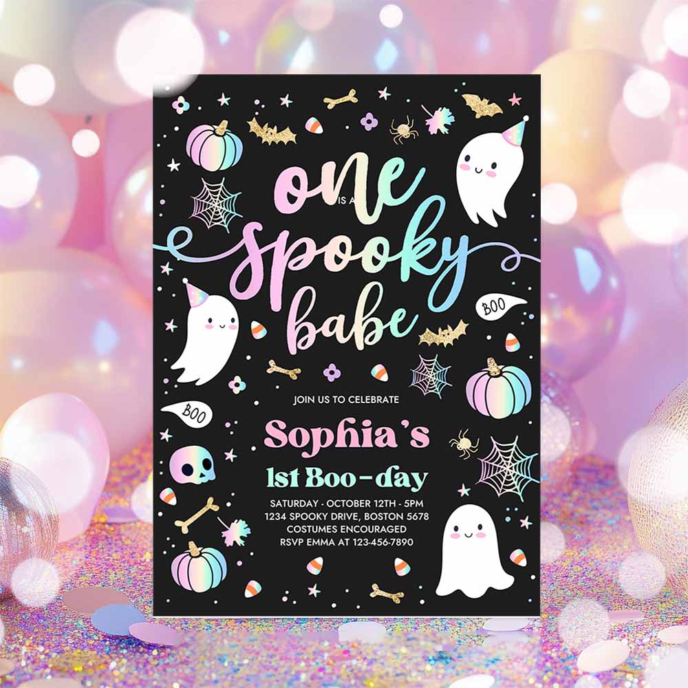 One Spooky Babe Cute Pink Ghost 1st Birthday Party Invitation Cute Pink Ghost 1st Birthday Spooktacular Party