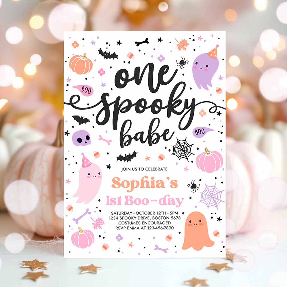 One Spooky Babe Cute Pink Ghost 1st Birthday Party Invitation Cute Pink Ghost 1st Birthday Spooktacular Party