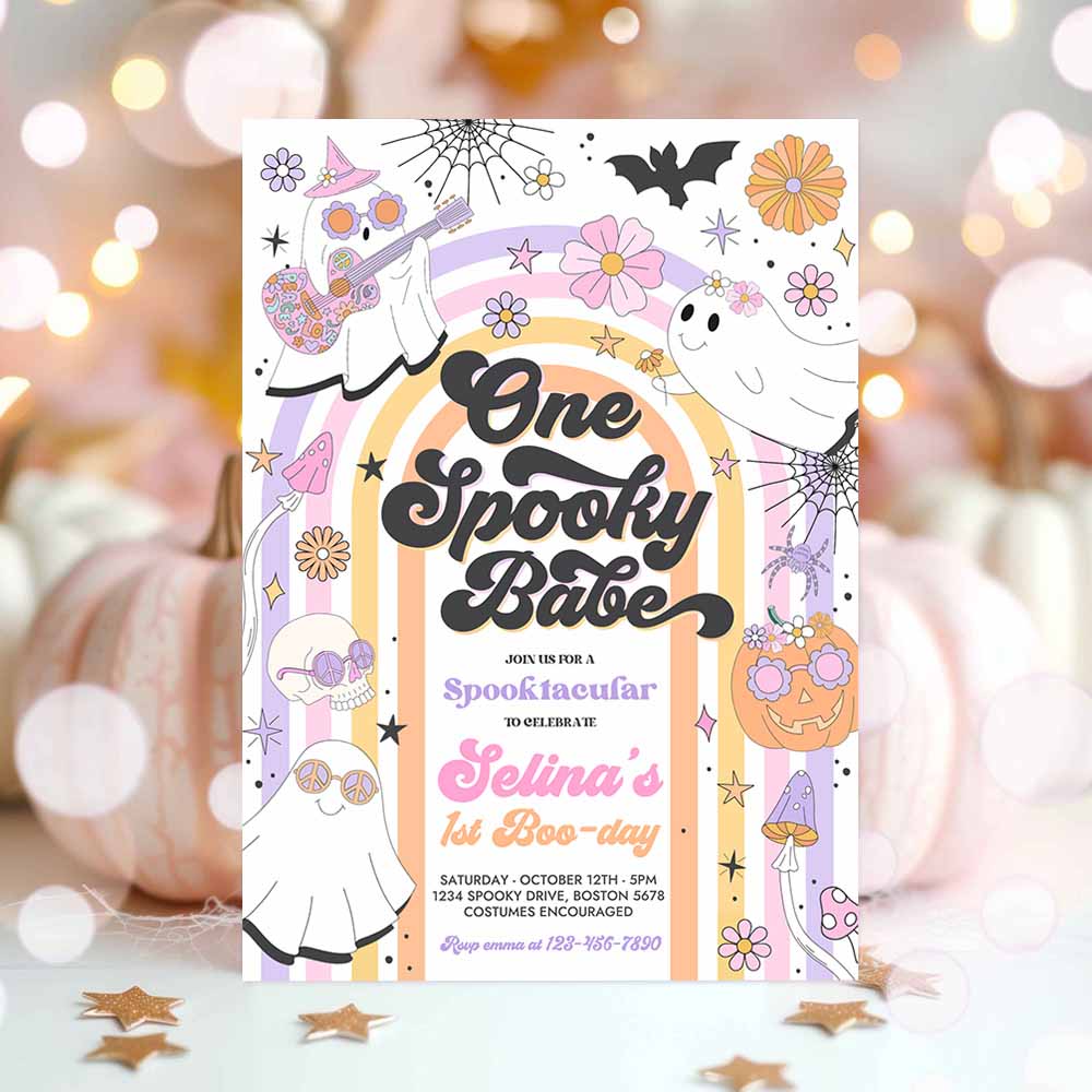 One Spooky Babe Halloween Ghost 1st Birthday Invitation Retro Groovy Rainbow Ghost Birthday Hippie Halloween