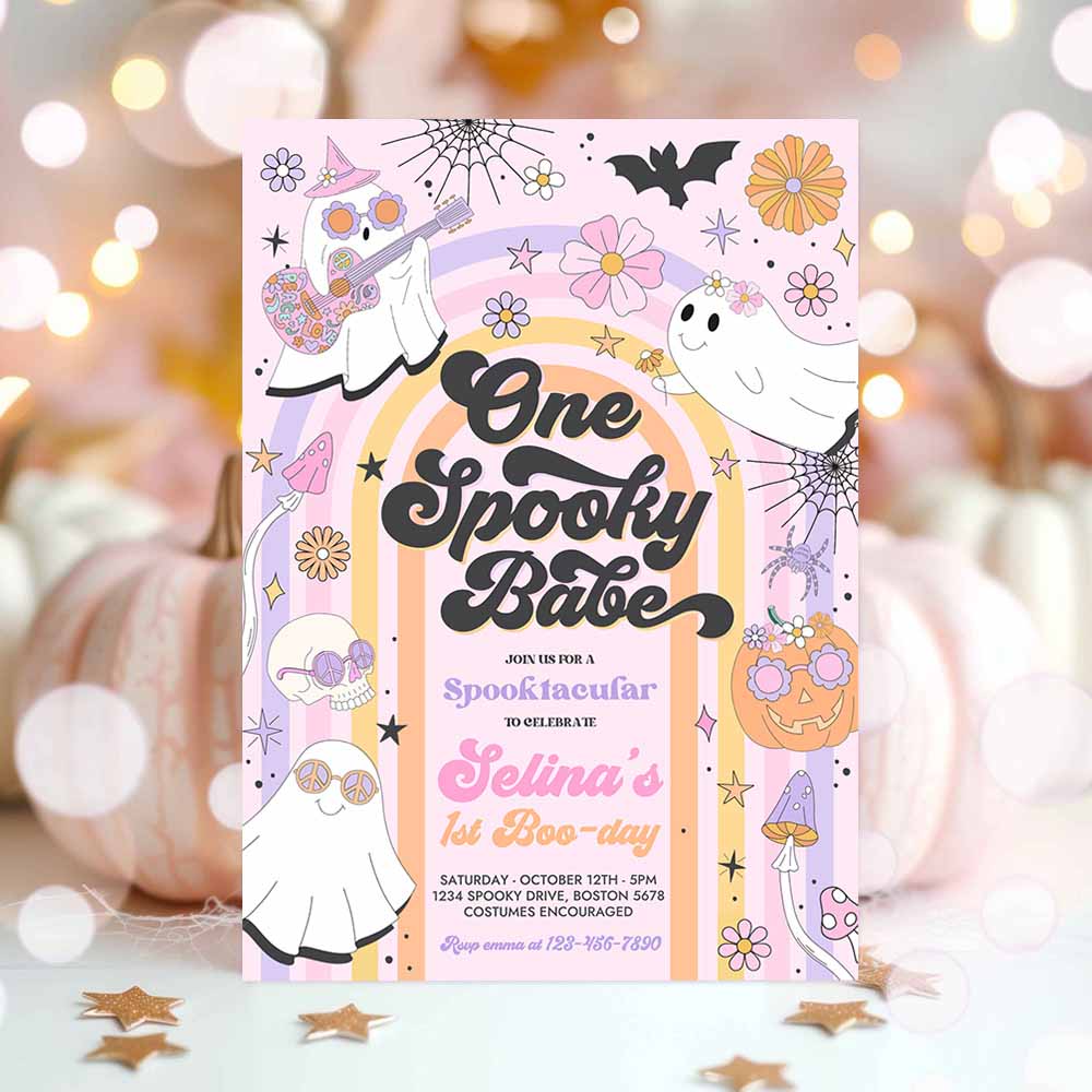 One Spooky Babe Halloween Ghost 1st Birthday Invitation Retro Groovy Rainbow Ghost Birthday Hippie Halloween