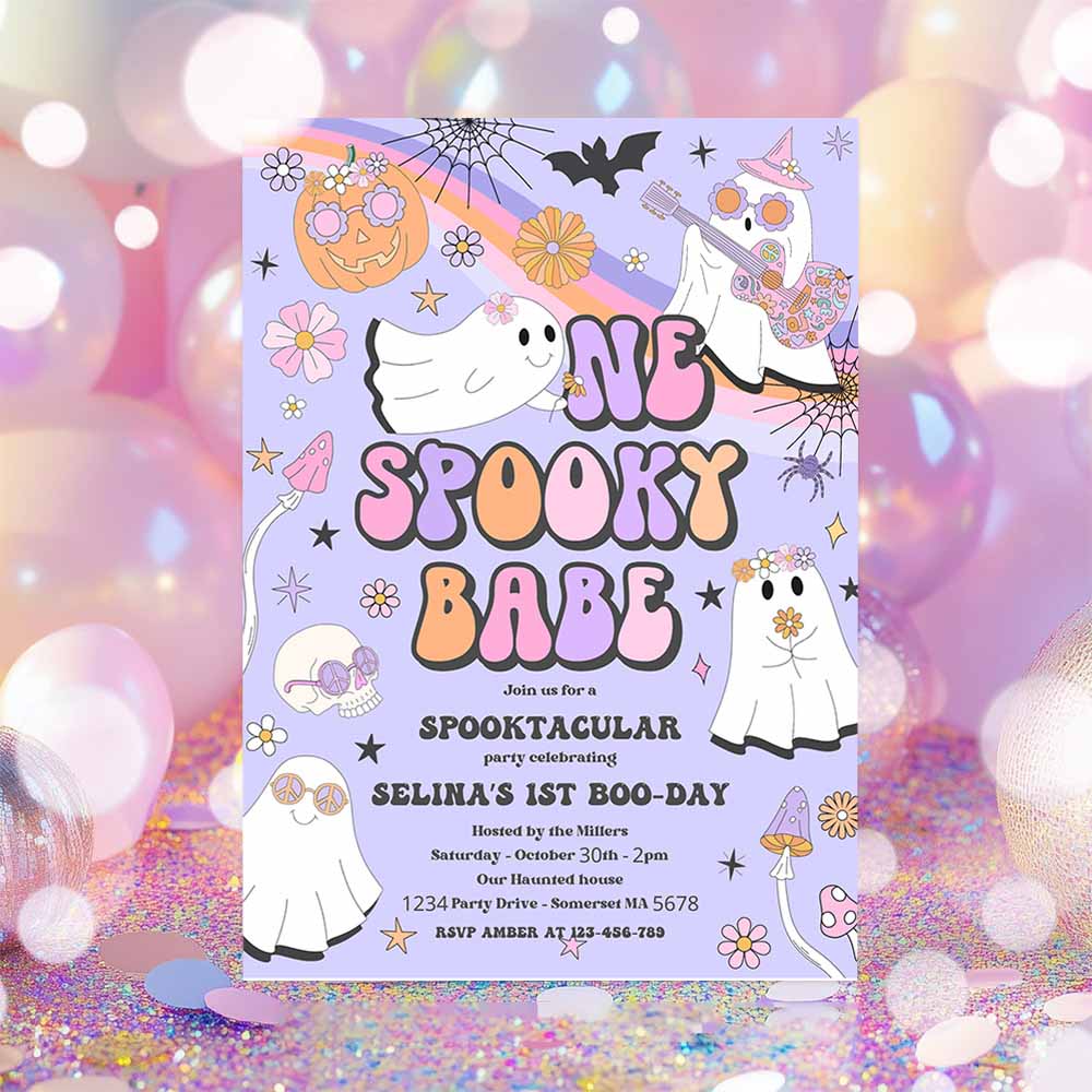 One Spooky Babe Halloween Ghost 1st Birthday Invitation Retro Groovy Rainbow Ghost Birthday Hippie Halloween