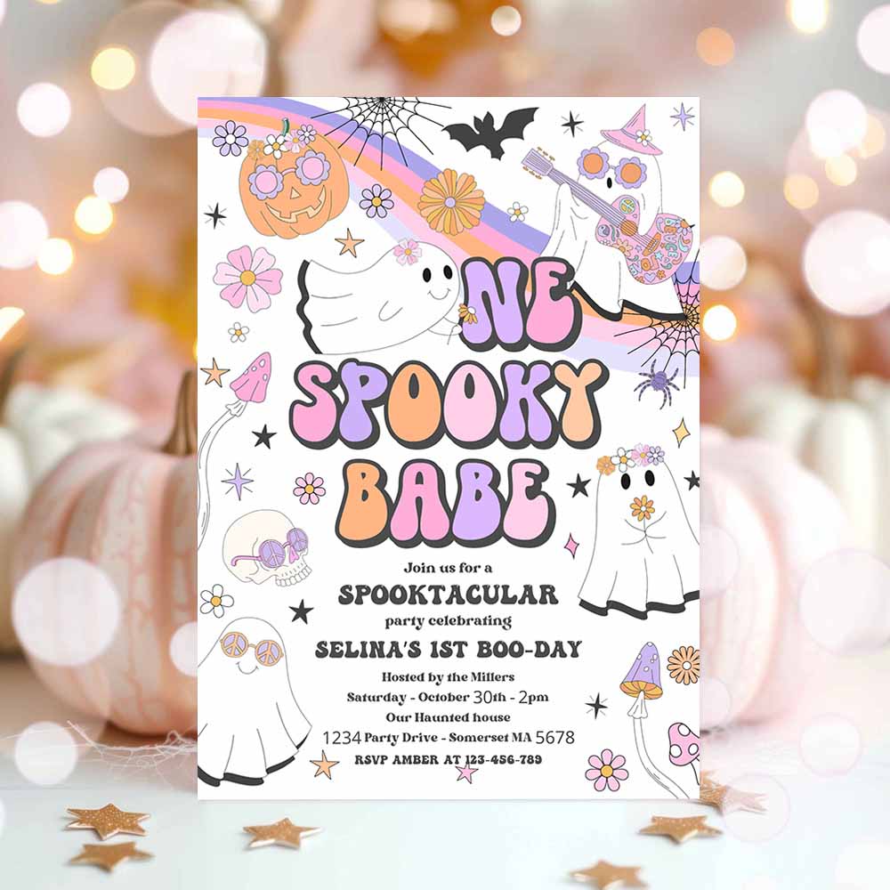 One Spooky Babe Halloween Ghost 1st Birthday Invitation Retro Groovy Rainbow Ghost Birthday Hippie Halloween