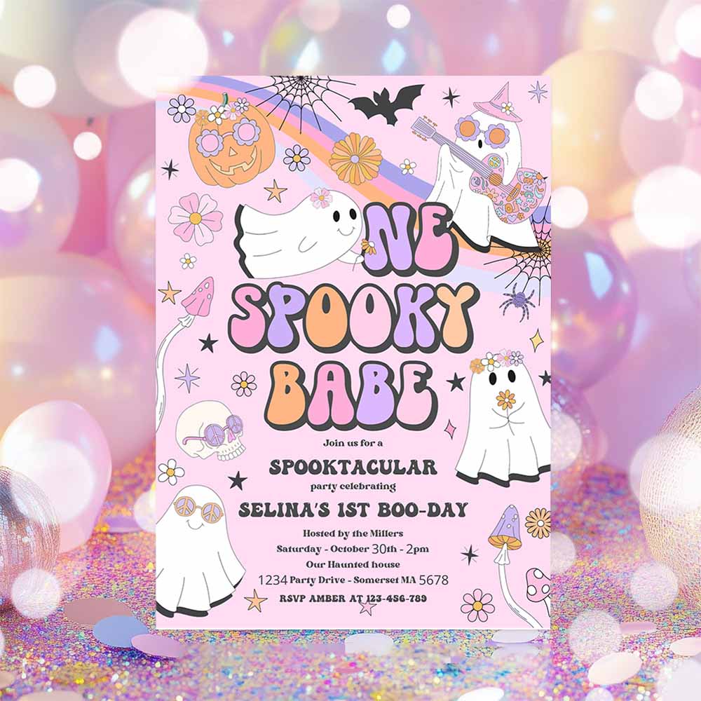 One Spooky Babe Halloween Ghost 1st Birthday Invitation Retro Groovy Rainbow Ghost Birthday Hippie Halloween