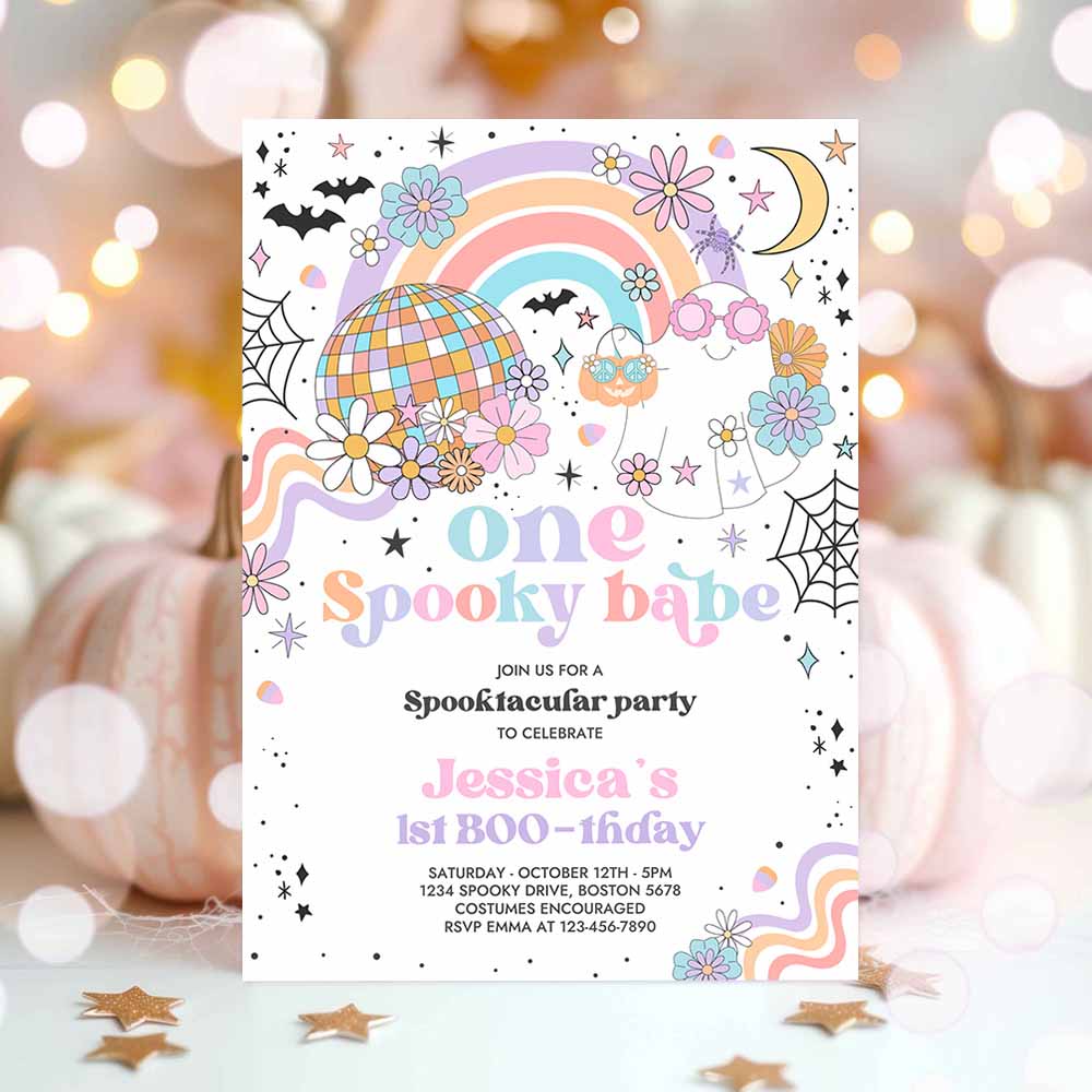 One Spooky Babe Halloween Ghost 1st Birthday Party Invitation Groovy Rainbow Ghost Party Hippie Halloween