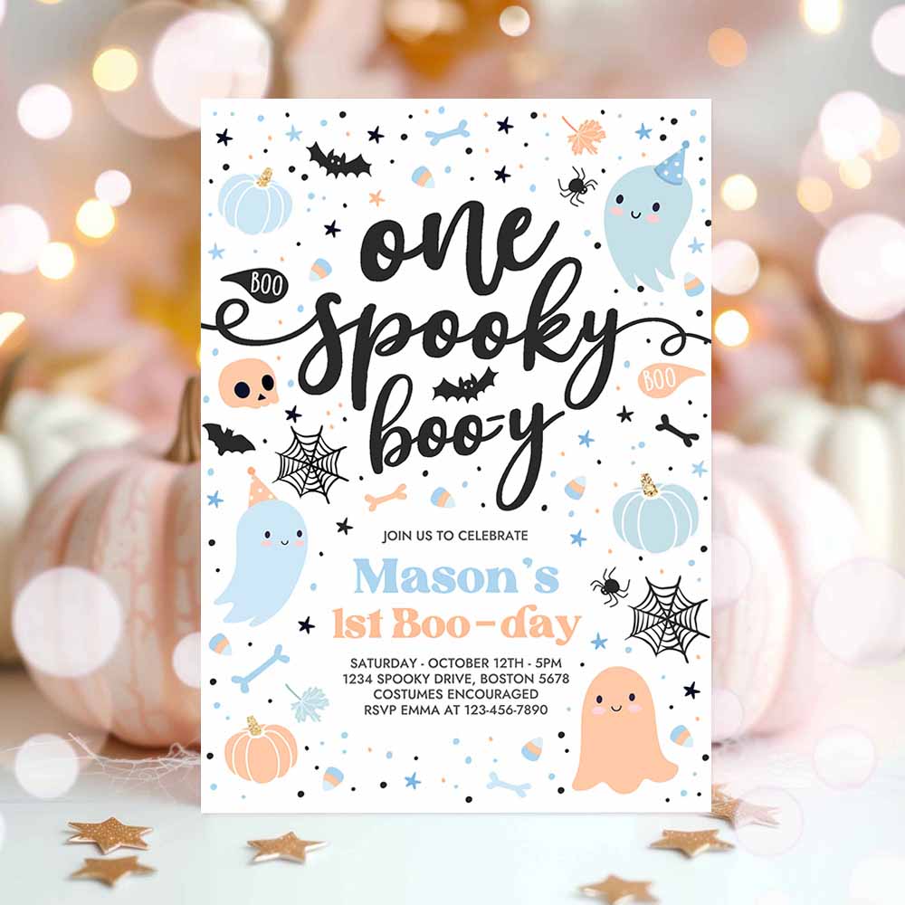 One Spooky Boo-y Cute Blue Ghost 1st Birthday Party Invitation Cute Boy Ghost 1st Birthday Spooktacular Party