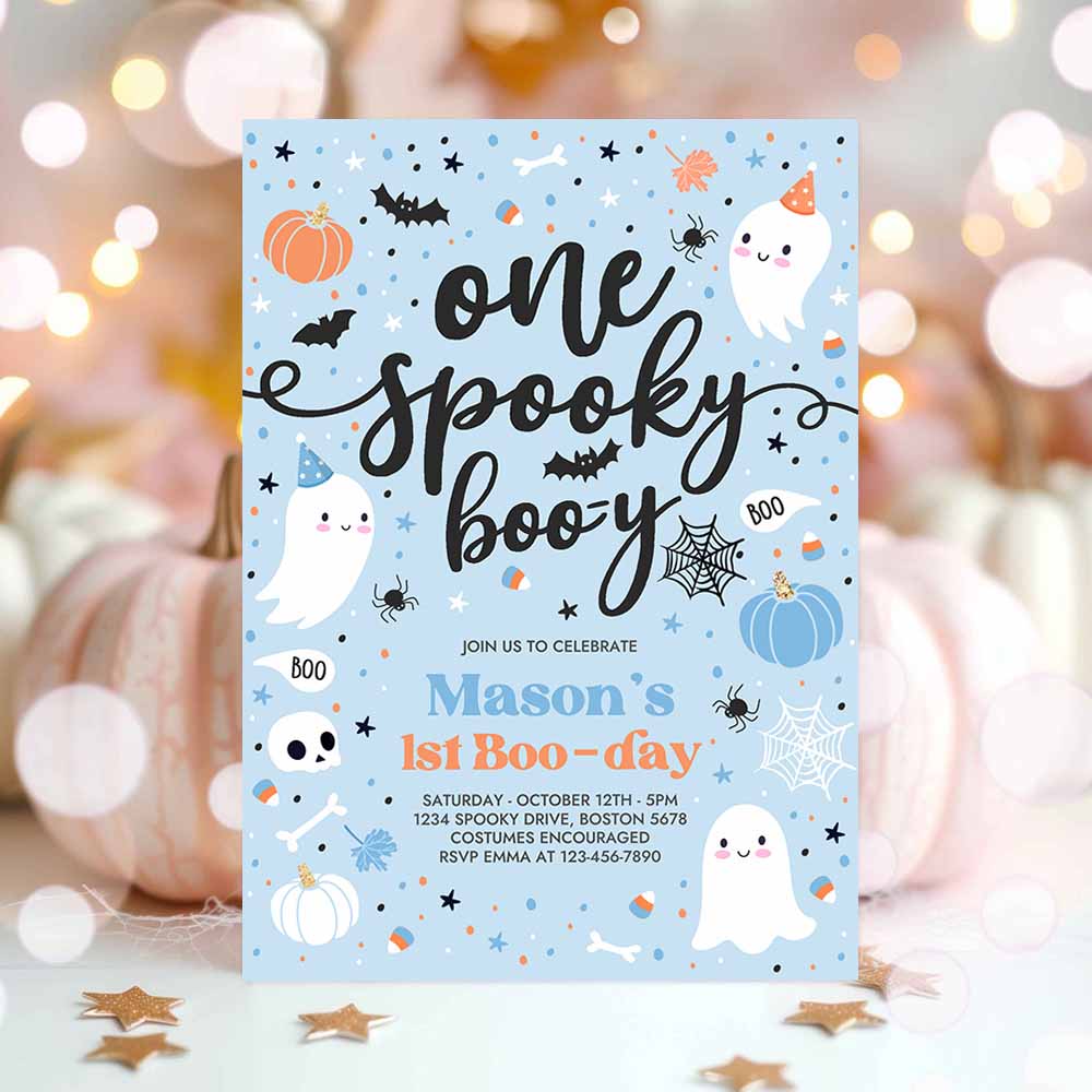 One Spooky Boo-y Cute Blue Ghost 1st Party Invitation Cute Boy Ghost 1st Birthday Spooktacular Party