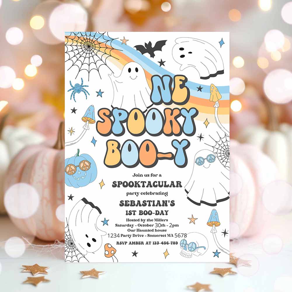 One Spooky Boo-y Halloween Ghost 1st Birthday Invitation Retro Groovy Ghost Birthday Hippie Halloween Party