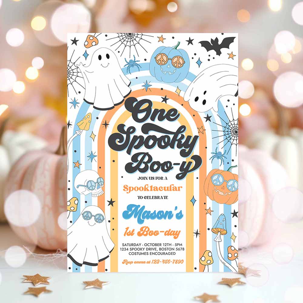 One Spooky Boo-y Halloween Ghost 1st Birthday Invitation Retro Groovy Rainbow Ghost Birthday Hippie Halloween