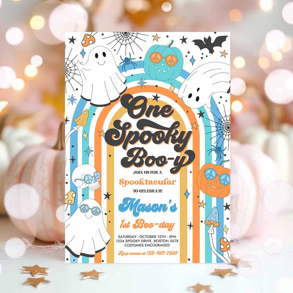 One Spooky Boy Halloween Ghost 1st Birthday Invitation Retro Groovy Rainbow Ghost Birthday Hippie Halloween