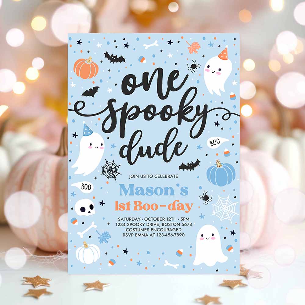 One Spooky Dude Cute Blue Ghost 1st Birthday Party Invitation Cute Boy Ghost 1st Birthday Spooktacular Party