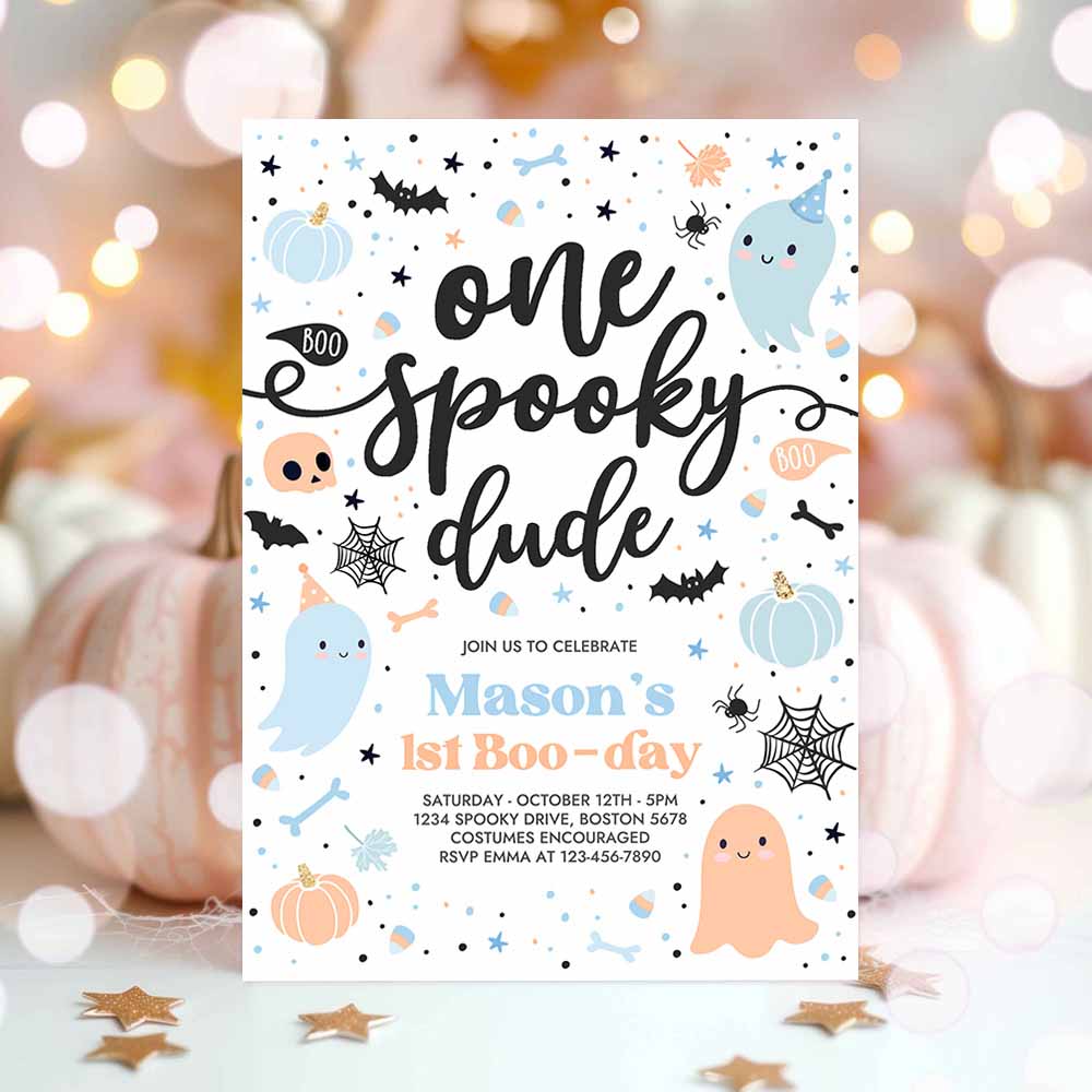 One Spooky Dude Cute Blue Ghost 1st Party Invitation Cute Boy Ghost 1st Birthday Spooktacular Party