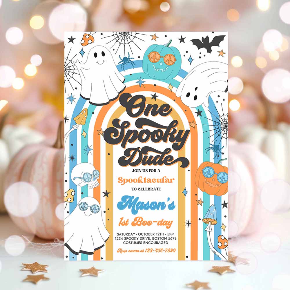 One Spooky Dude Halloween Ghost 1st Birthday Invitation Retro Groovy Rainbow Ghost Birthday Hippie Halloween