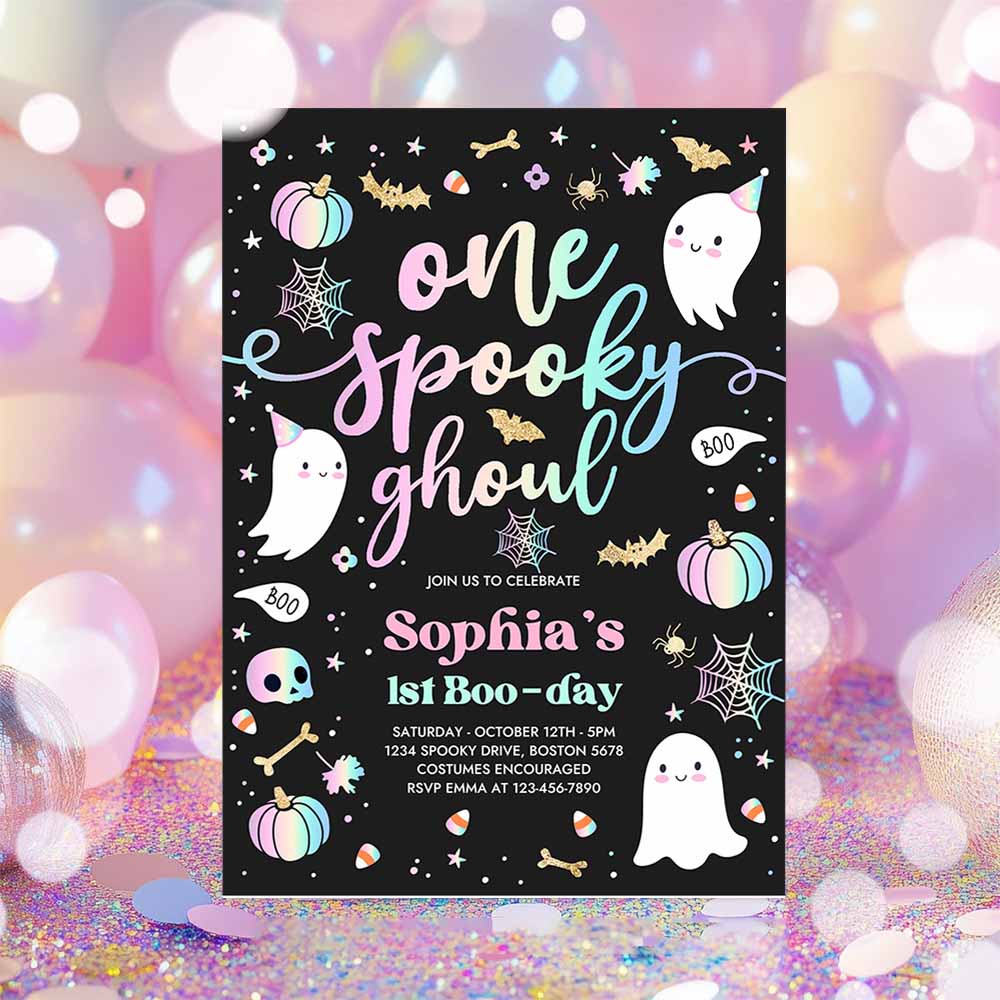 One Spooky Ghoul Cute Pink Ghost 1st Birthday Party Invitation Cute Pink Ghost 1st Birthday Spooktacular Party