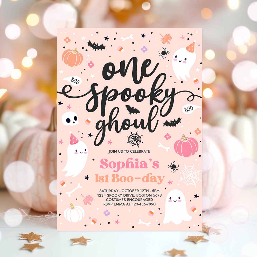 One Spooky Ghoul Cute Pink Ghost 1st Birthday Party Invitation Cute Pink Ghost 1st Birthday Spooktacular Party