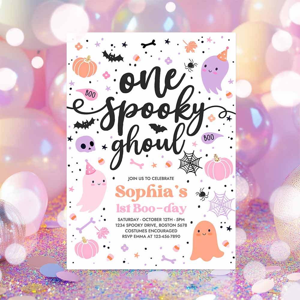 One Spooky Ghoul Cute Pink Ghost 1st Birthday Party Invitation Cute Pink Ghost 1st Birthday Spooktacular Party