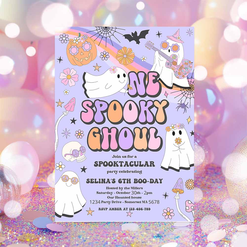 One Spooky Ghoul Halloween Ghost 1st Birthday Invitation Retro Groovy Rainbow Ghost Birthday Hippie Halloween