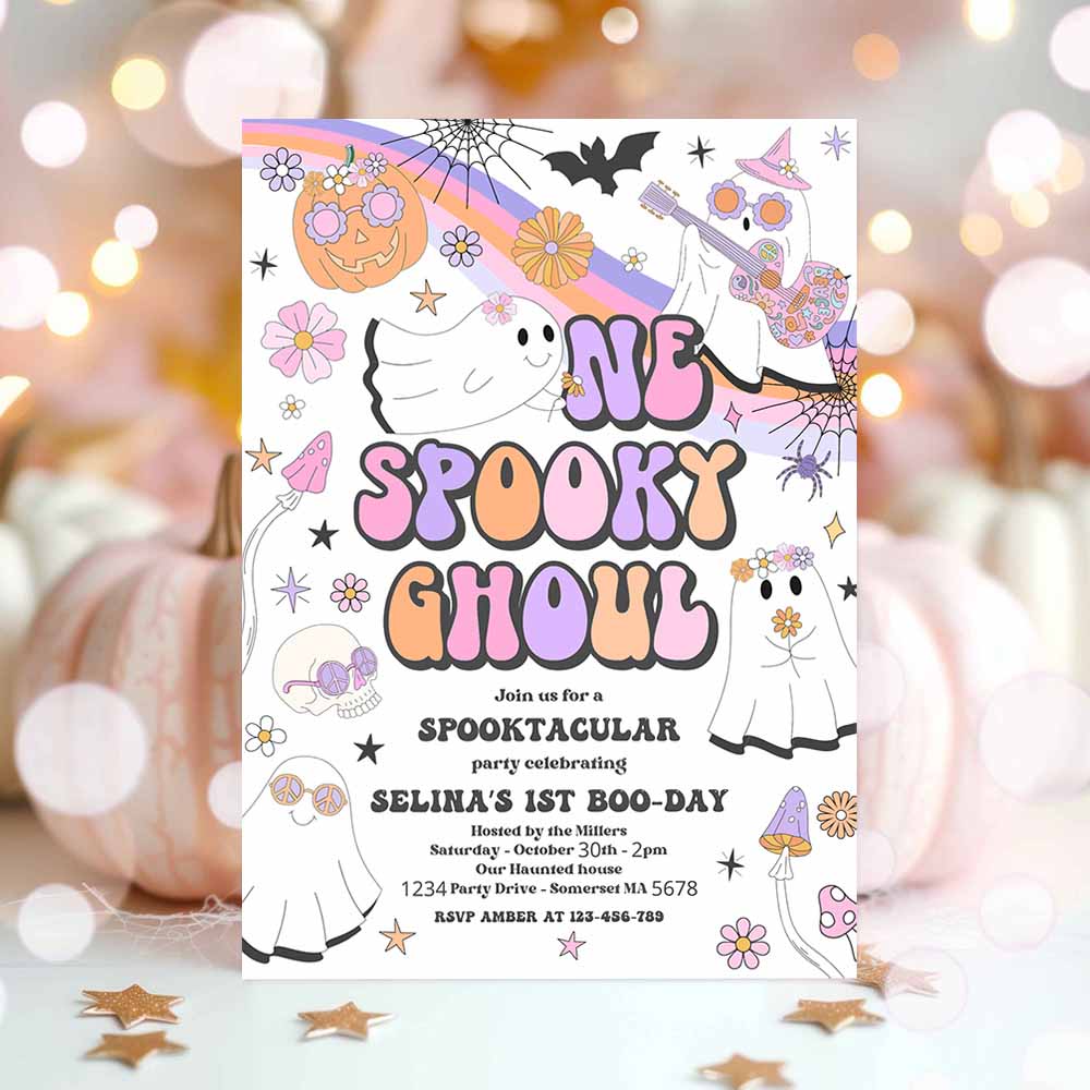 One Spooky Ghoul Halloween Ghost 1st Birthday Invitation Retro Groovy Rainbow Ghost Birthday Hippie Halloween