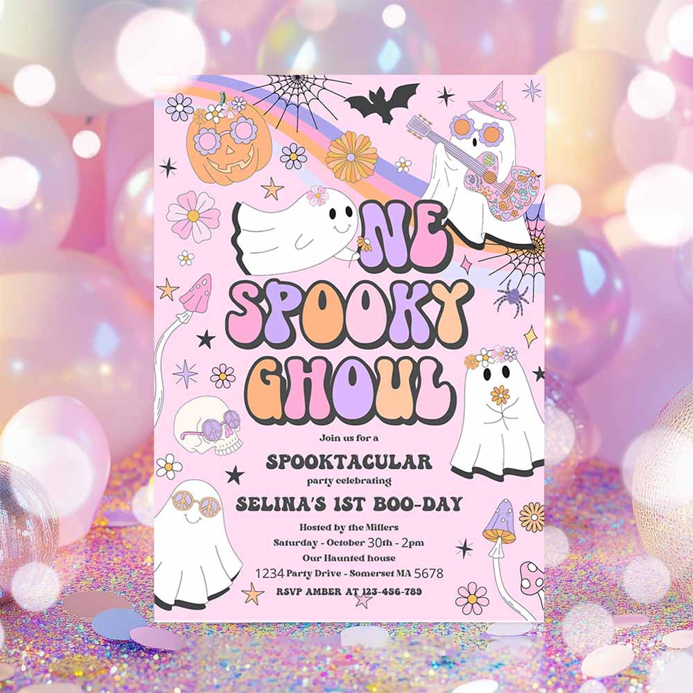 One Spooky Ghoul Halloween Ghost 1st Birthday Invitation Retro Groovy Rainbow Ghost Birthday Hippie Halloween