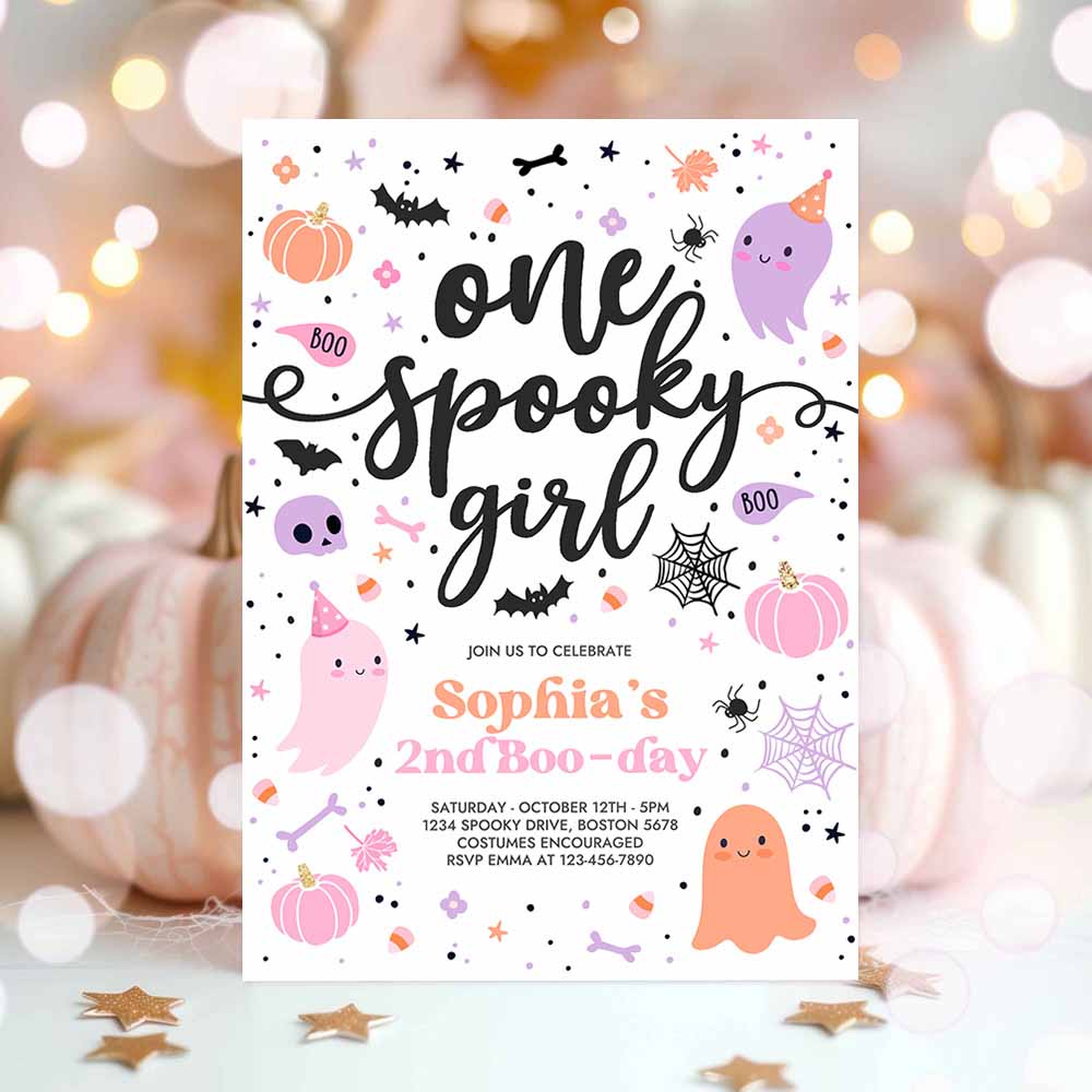 One Spooky Girl Cute Pink Ghost 1st Birthday Party Invitation Cute Pink Ghost 1st Birthday Spooktacular Party