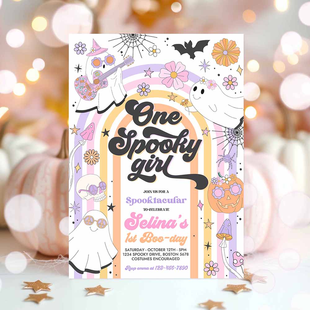 One Spooky Girl Halloween Ghost 1st Birthday Invitation Retro Groovy Rainbow Ghost Birthday Hippie Halloween