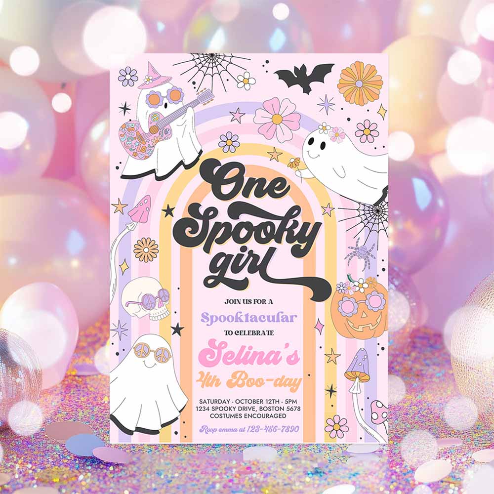 One Spooky Girl Halloween Ghost 1st Birthday Invitation Retro Groovy Rainbow Ghost Birthday Hippie Halloween