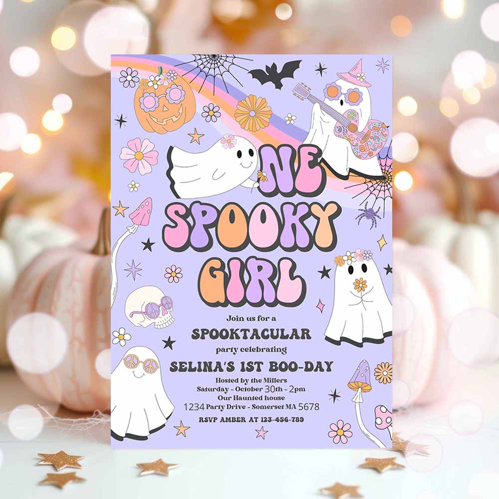 One Spooky Girl Halloween Ghost 1st Birthday Invitation Retro Groovy Rainbow Ghost Birthday Hippie Halloween