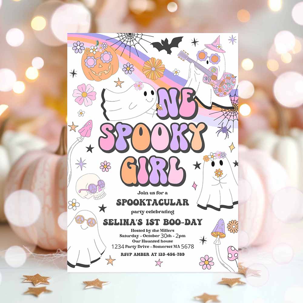 One Spooky Girl Halloween Ghost 1st Birthday Invitation Retro Groovy Rainbow Ghost Birthday Hippie Halloween